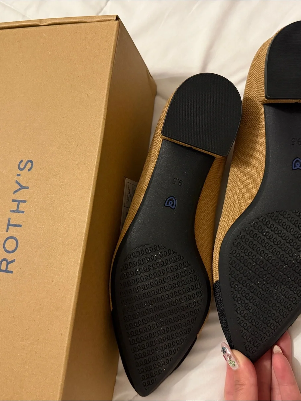 Rothy's Camel Knit Pointed Toe Flats with Black Cap